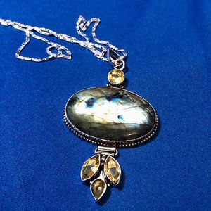 Really Huge Fiery Labradorite +Citrine Gemstone 925 Silver Plated Necklace.